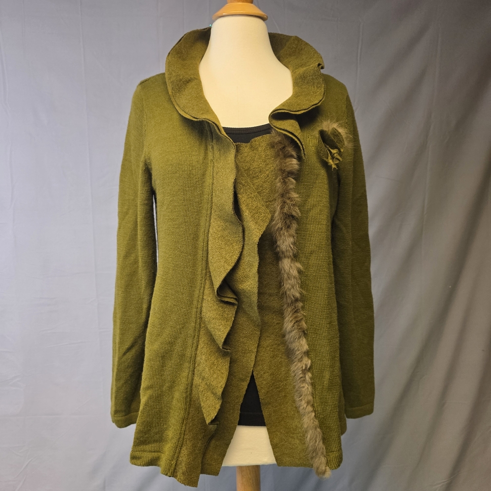 Olive Green Ruffled Cardigan with Faux Fur Trim